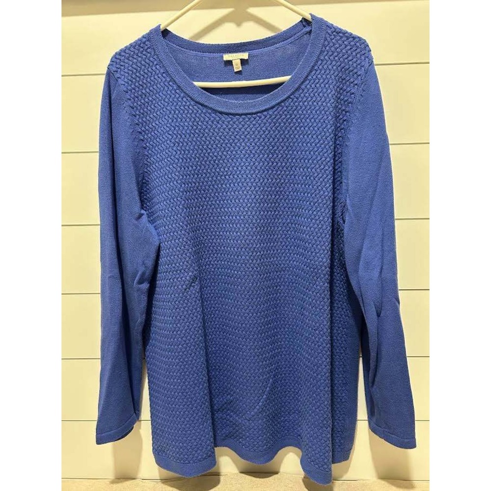 Talbots Plus Blue Textured Basketweave 100% Cotton Crew Neck Sweater 1X Capsule